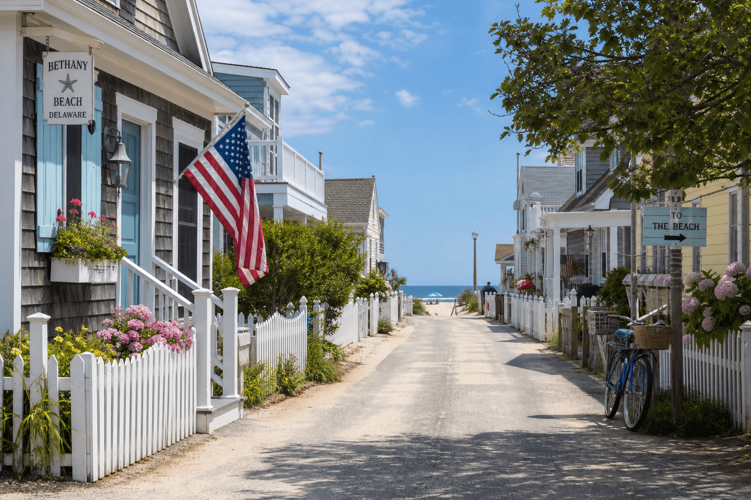 A sandy beach-town street lined with shingled cottages leading down to the Delaware shore