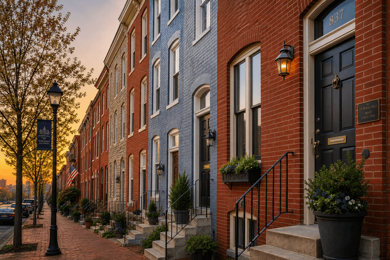 Brick and painted rowhomes along a Baltimore street at sunset